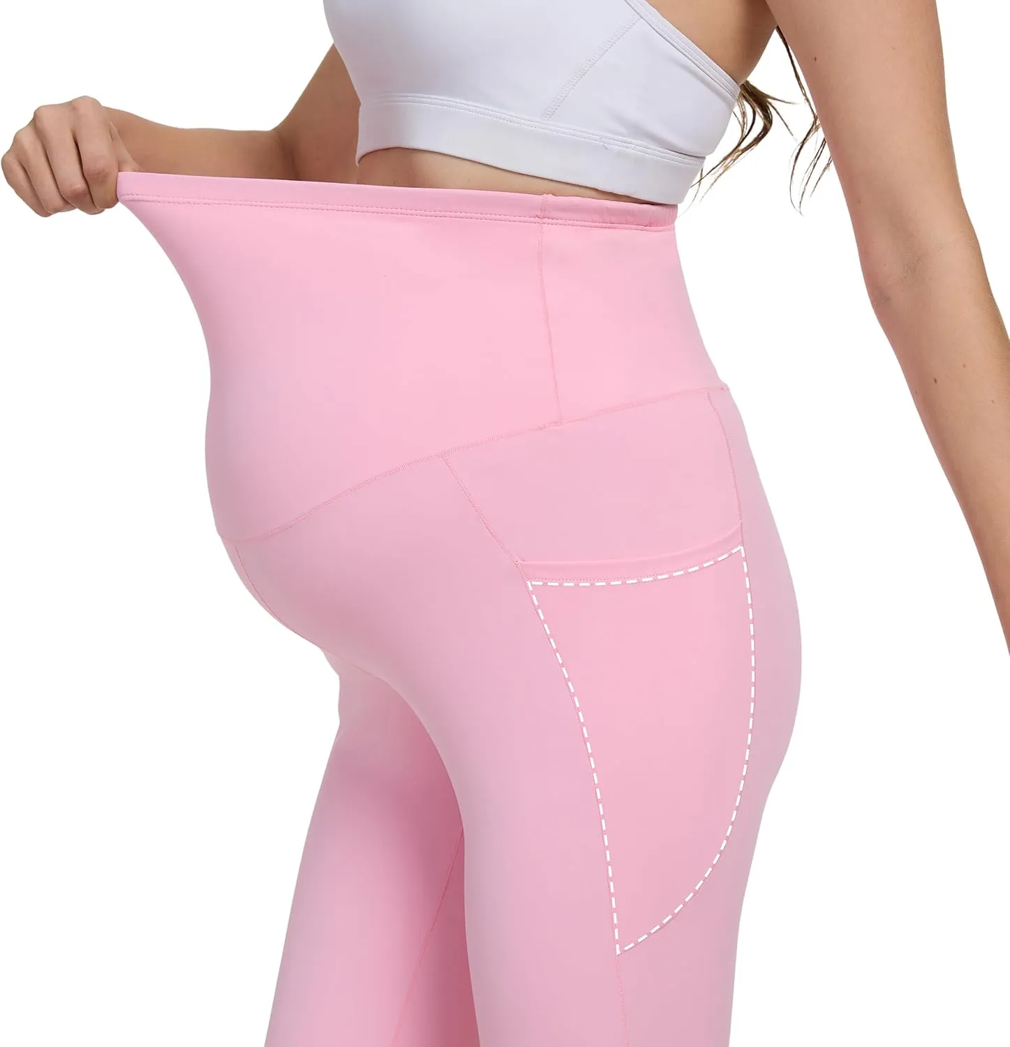 Womens 28/30 Inseam Soft Feeling Flare Maternity Yoga Pants Over The Belly with Pockets Pregnancy Leggings Casual