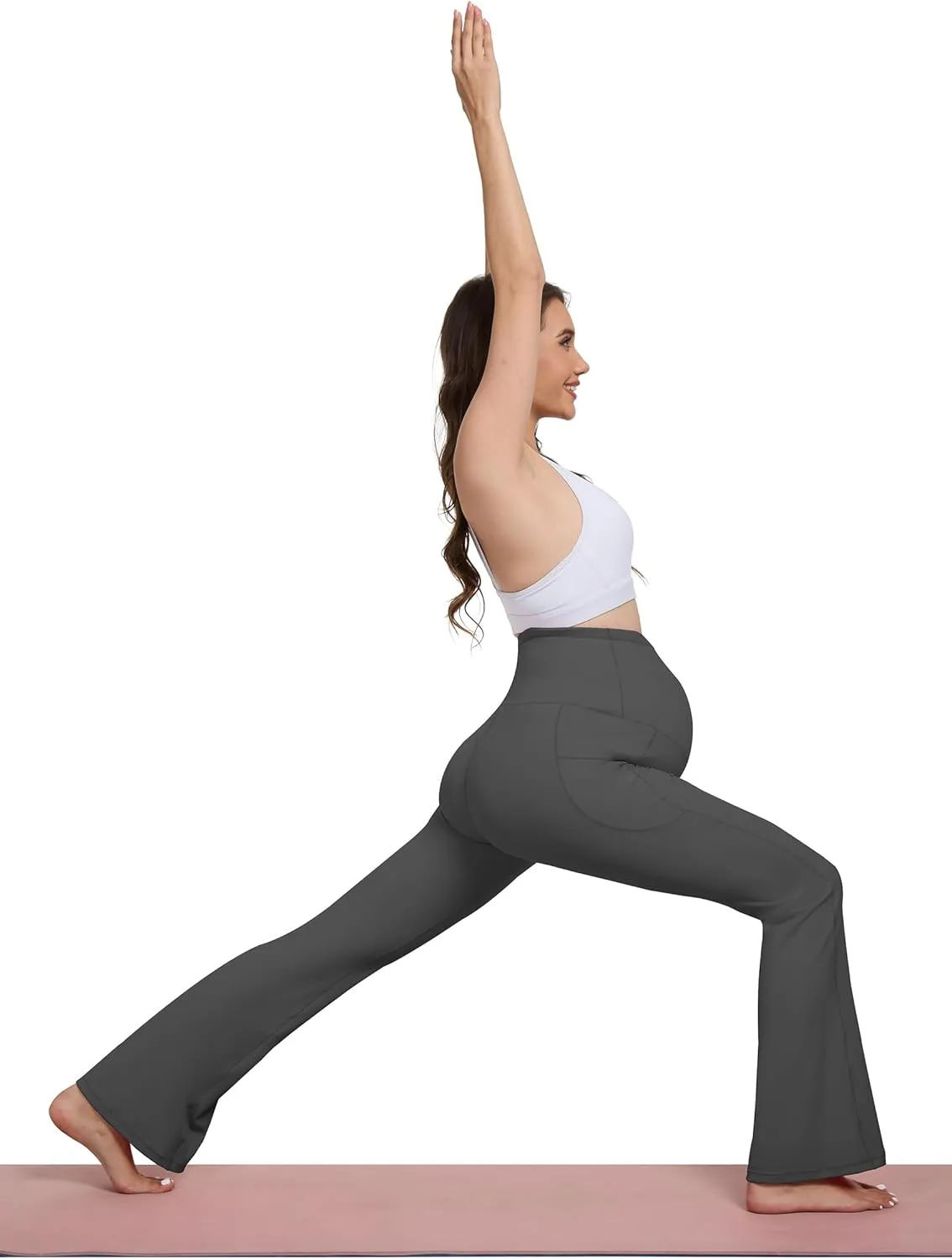 Womens 28/30 Inseam Soft Feeling Flare Maternity Yoga Pants Over The Belly with Pockets Pregnancy Leggings Casual