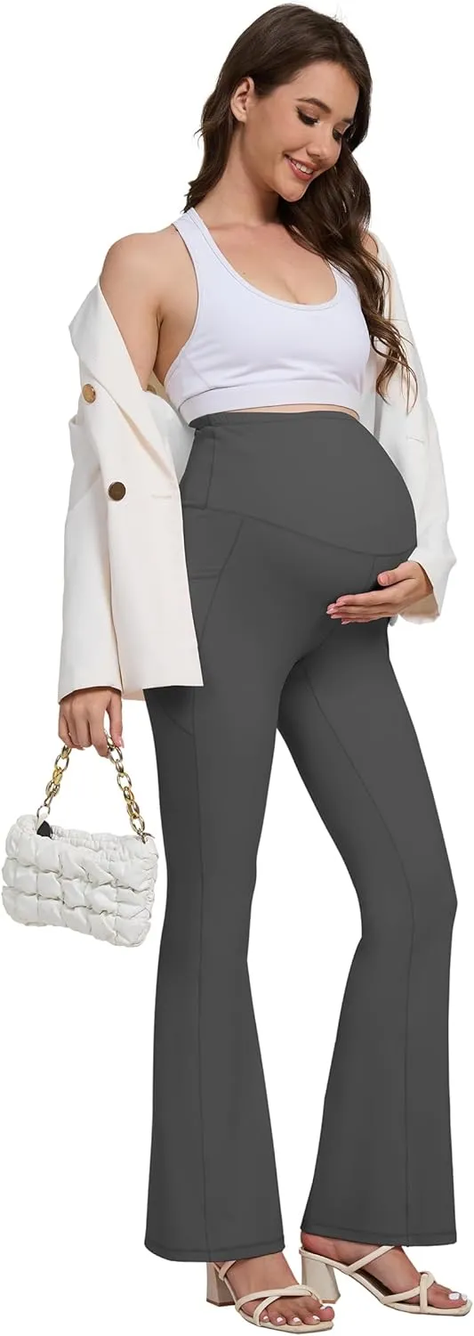 Womens 28/30 Inseam Soft Feeling Flare Maternity Yoga Pants Over The Belly with Pockets Pregnancy Leggings Casual