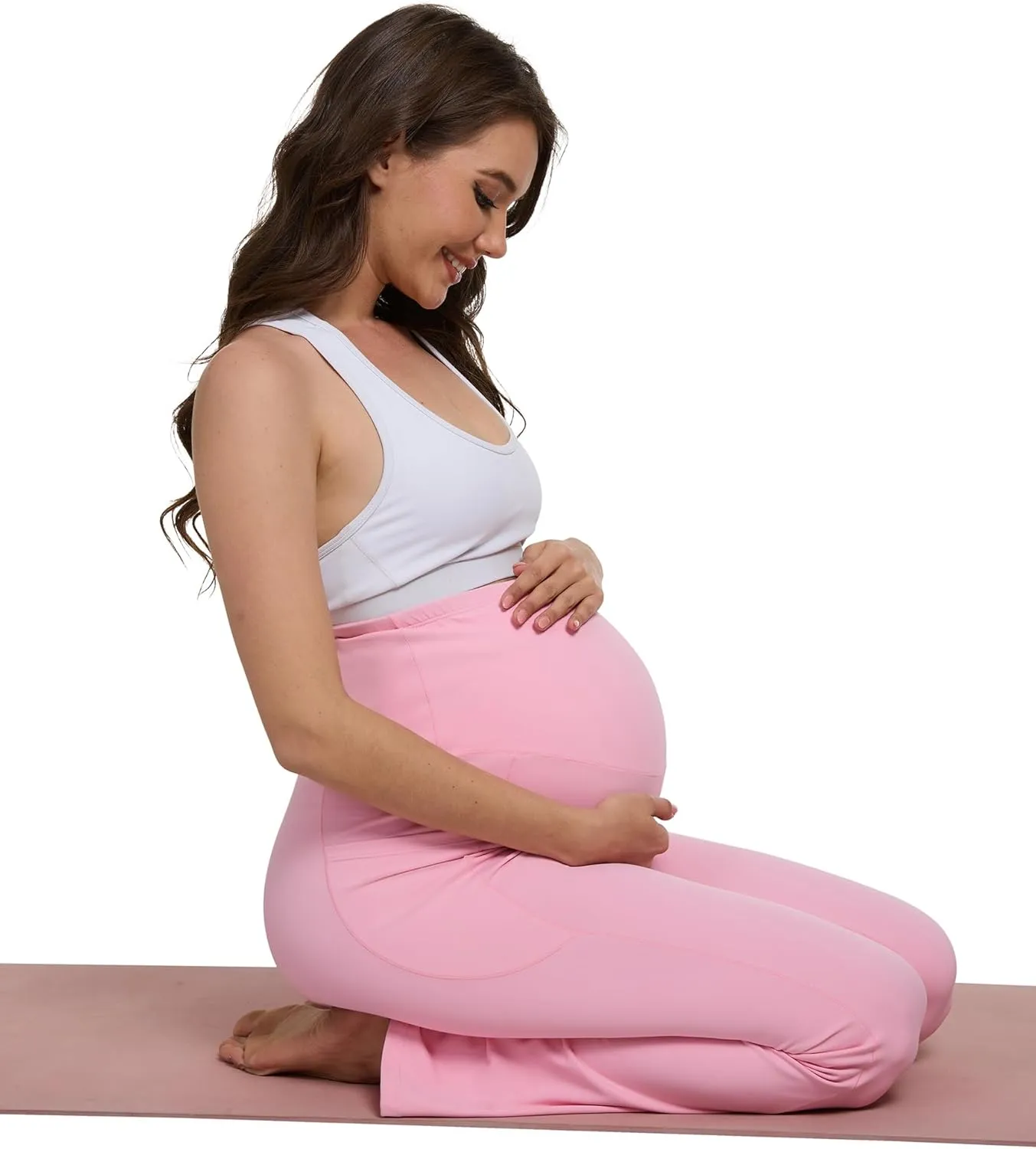 Womens 28/30 Inseam Soft Feeling Flare Maternity Yoga Pants Over The Belly with Pockets Pregnancy Leggings Casual