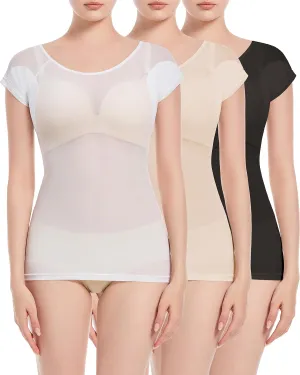Women's 3-Pack Short Sleeve See Through Sheer Mesh Tops - Cap Sleeve Scoop Neck Blouses, Sweatproof Undershirts with Sweat Pads, Size XX-Large