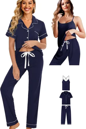 Womens 3Pcs Soft Pajama Sets Sexy Camisole Lingerie XS-4XL Knit Pajamas Set Sleepwear Pjs Nightwear Lounge Sets