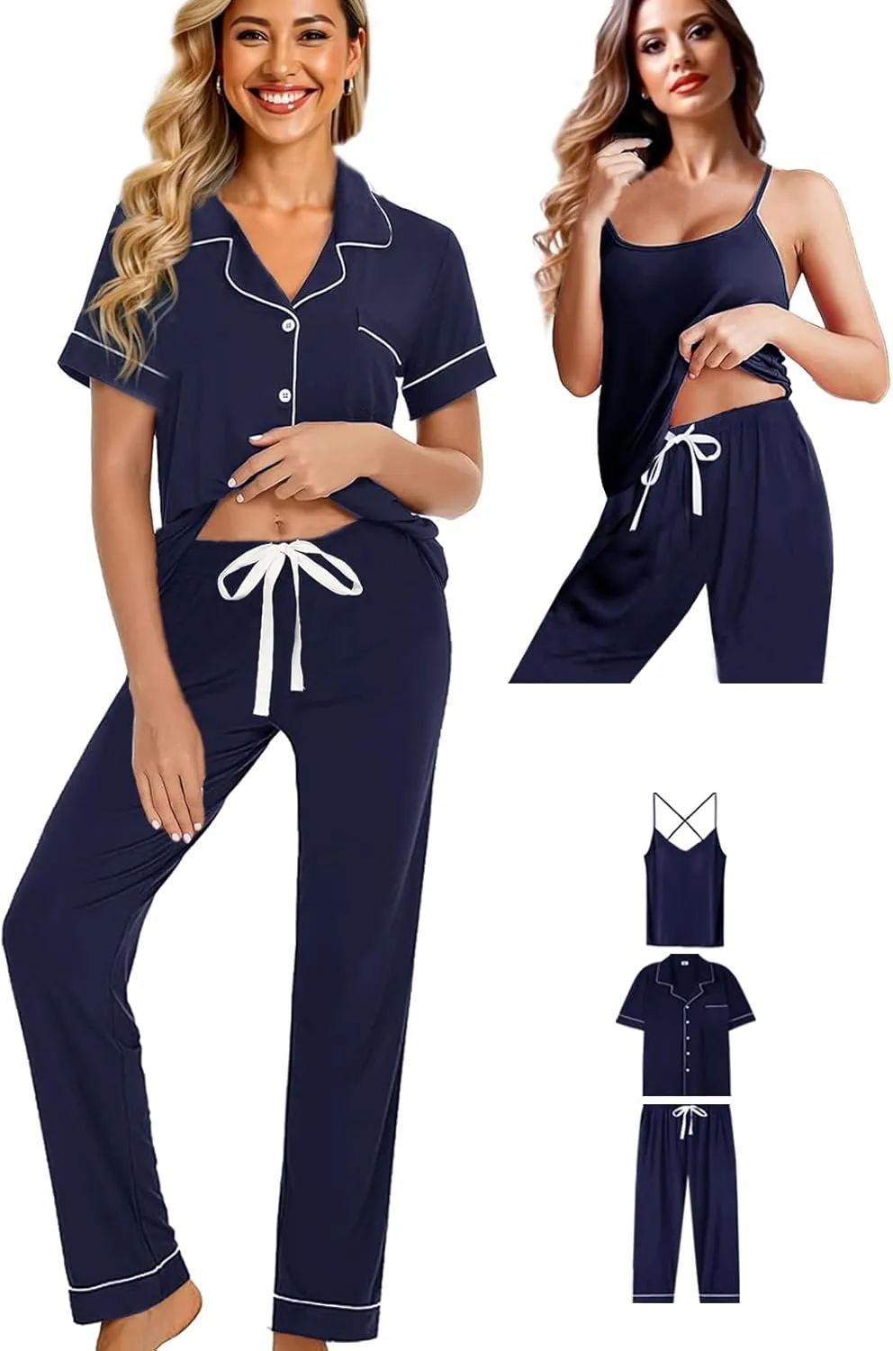 Womens 3Pcs Soft Pajama Sets Sexy Camisole Lingerie XS-4XL Knit Pajamas Set Sleepwear Pjs Nightwear Lounge Sets