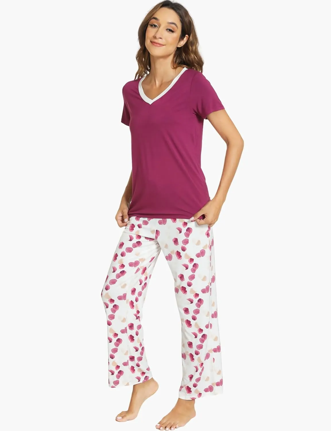 Womens Bamboo Viscose Pajamas Set Super Soft Short Sleeve Top and Pants Pj Sleepwear Sets