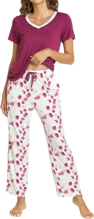 Womens Bamboo Viscose Pajamas Set Super Soft Short Sleeve Top and Pants Pj Sleepwear Sets