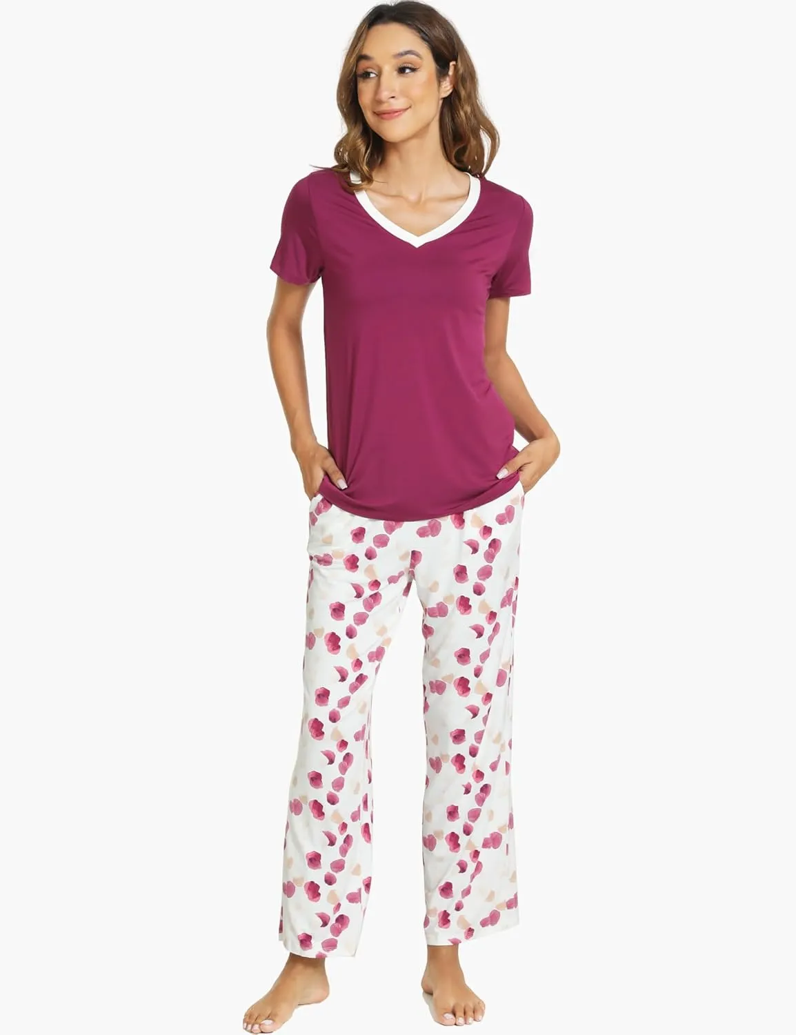 Womens Bamboo Viscose Pajamas Set Super Soft Short Sleeve Top and Pants Pj Sleepwear Sets
