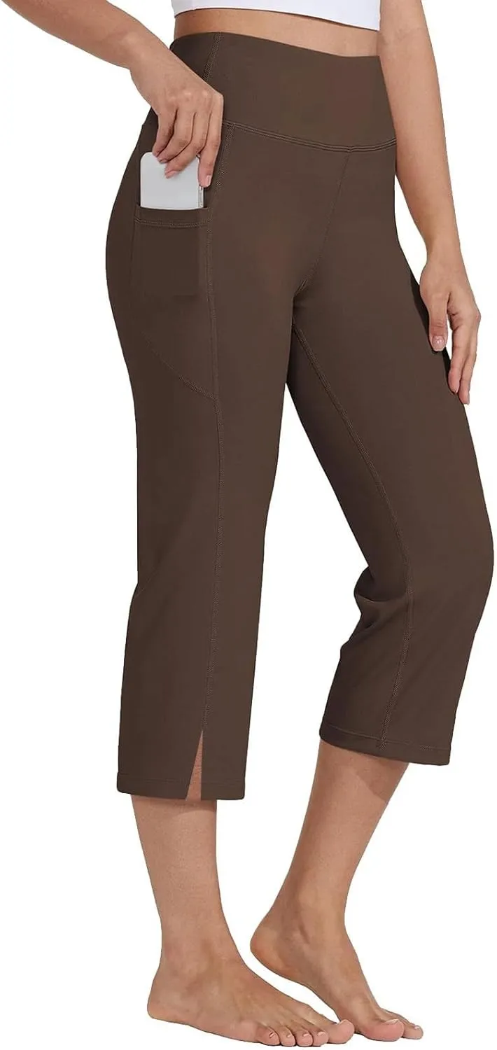 Womens Bootcut Yoga Pants Cotton-Down High Waisted Elastic Capris Baggy Loose Fit Soft Workout Summer Pant with Pocket