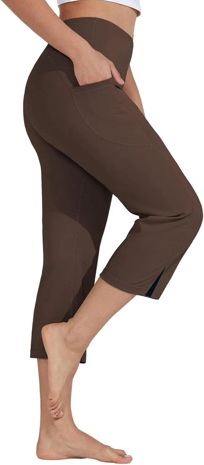 Womens Bootcut Yoga Pants Cotton-Down High Waisted Elastic Capris Baggy Loose Fit Soft Workout Summer Pant with Pocket