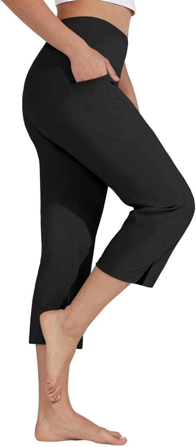 Womens Bootcut Yoga Pants Cotton-Down High Waisted Elastic Capris Baggy Loose Fit Soft Workout Summer Pant with Pocket