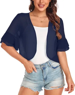 Women's Cardigan Bolero Shrug Ruffle Short Sleeve Open Front Loose Sheer Jackets for Tops