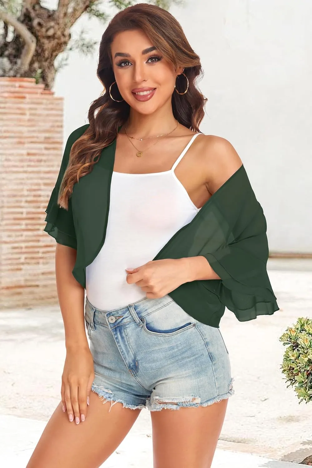Women's Cardigan Bolero Shrug Ruffle Short Sleeve Open Front Loose Sheer Jackets for Tops