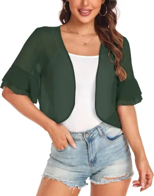 Women's Cardigan Bolero Shrug Ruffle Short Sleeve Open Front Loose Sheer Jackets for Tops