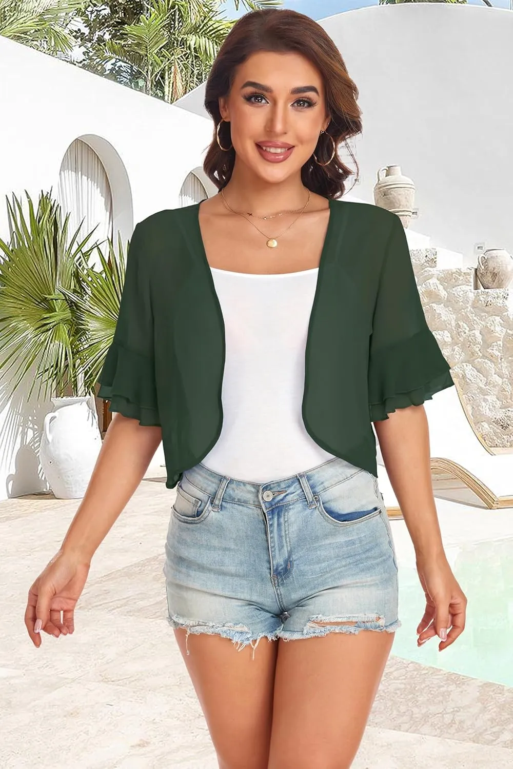 Women's Cardigan Bolero Shrug Ruffle Short Sleeve Open Front Loose Sheer Jackets for Tops