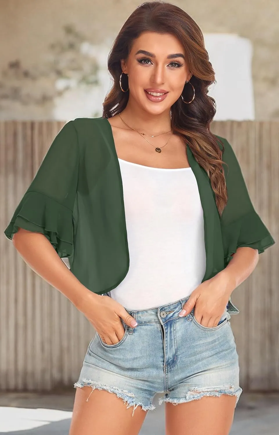 Women's Cardigan Bolero Shrug Ruffle Short Sleeve Open Front Loose Sheer Jackets for Tops