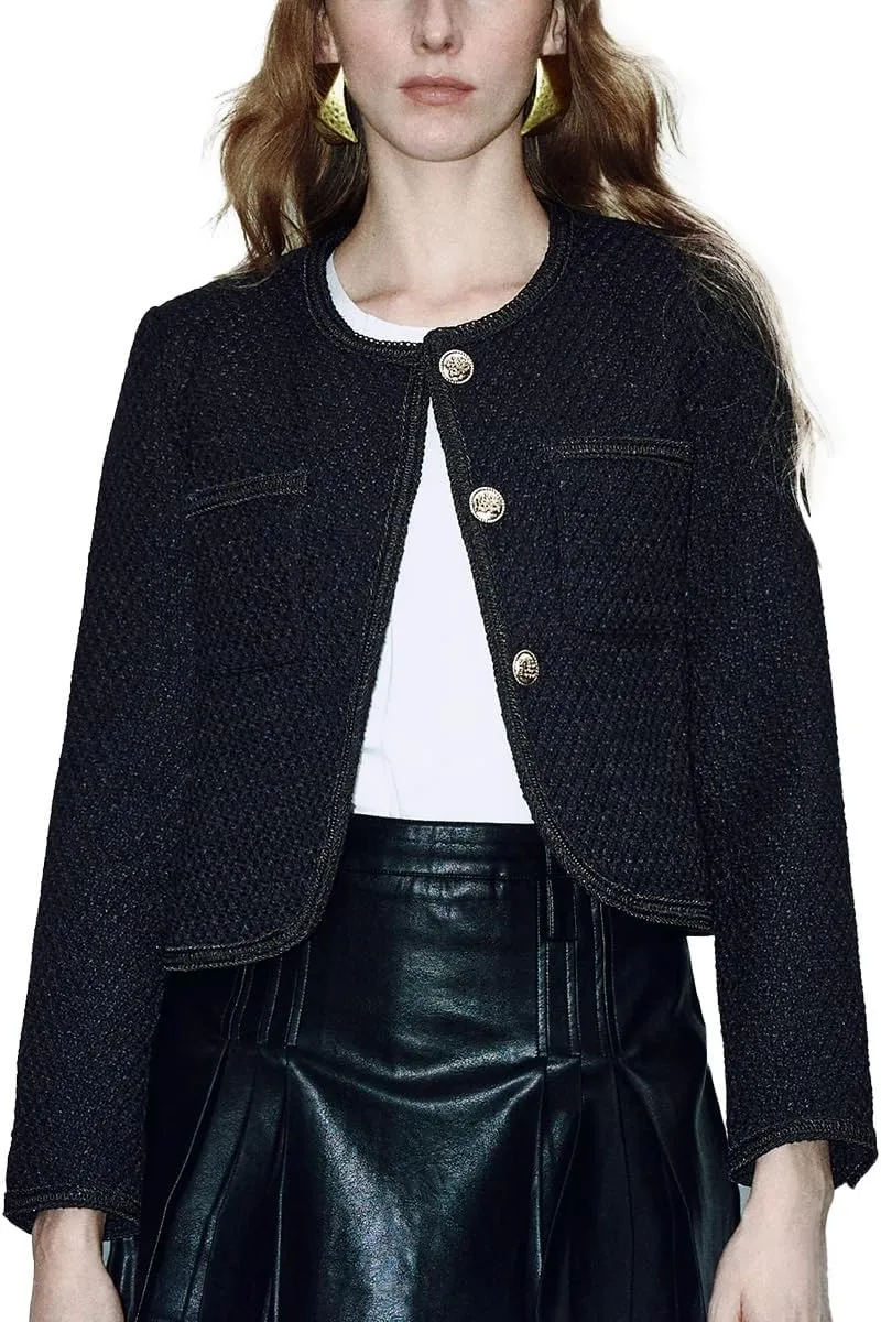 Women's Casual Business Cropped Tweed Blazers Jacket with Pocket Slim Fit Long Sleeve Short Suit for Work Office