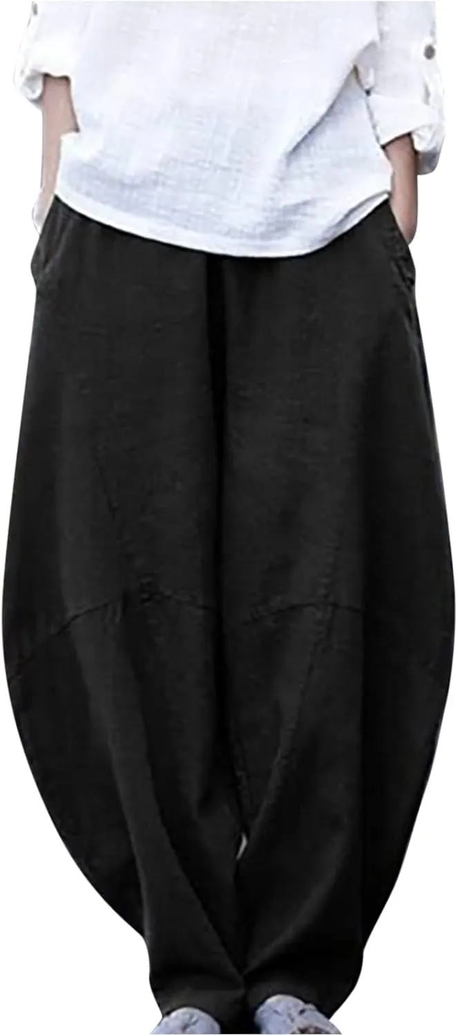 Womens Casual Cotton Linen Baggy Pants Elastic Waist Harem Trousers with Pockets Solid Casual Lightweight Pants