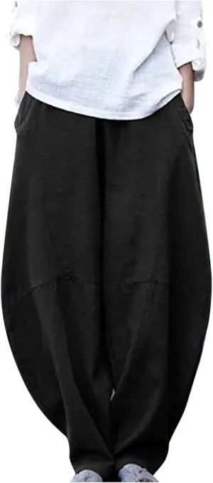 Womens Casual Cotton Linen Baggy Pants Elastic Waist Harem Trousers with Pockets Solid Casual Lightweight Pants