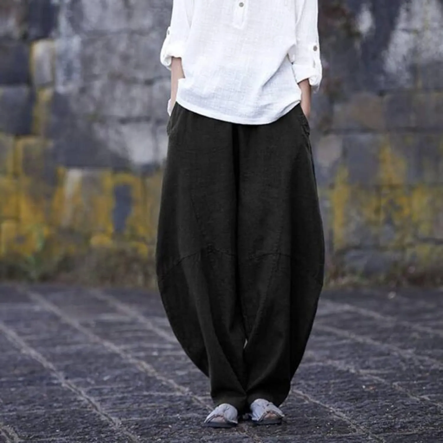 Womens Casual Cotton Linen Baggy Pants Elastic Waist Harem Trousers with Pockets Solid Casual Lightweight Pants