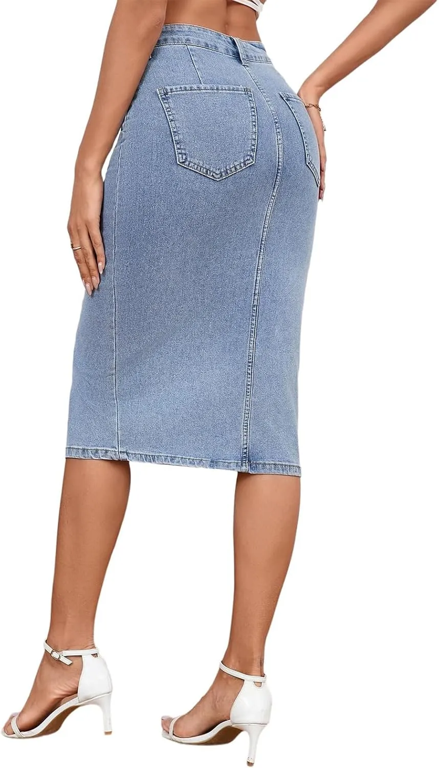 Women's Casual Jean Skirt High Waist Slit Midi Denim Skirt
