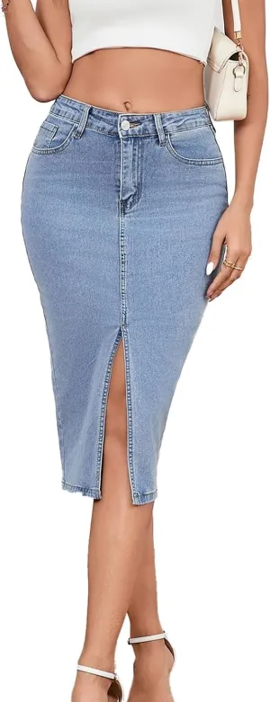 Women's Casual Jean Skirt High Waist Slit Midi Denim Skirt