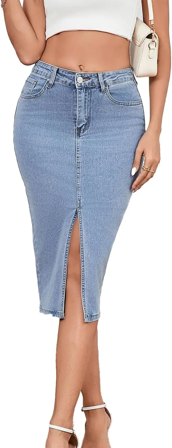 Women's Casual Jean Skirt High Waist Slit Midi Denim Skirt