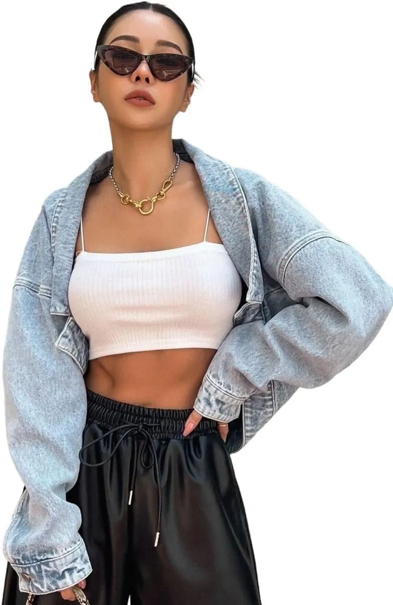 Womens Clothes Fall Fashion 2023 Drop Shoulder Asymmetrical Hem Denim Jacket Long Sleeve casual Jackets