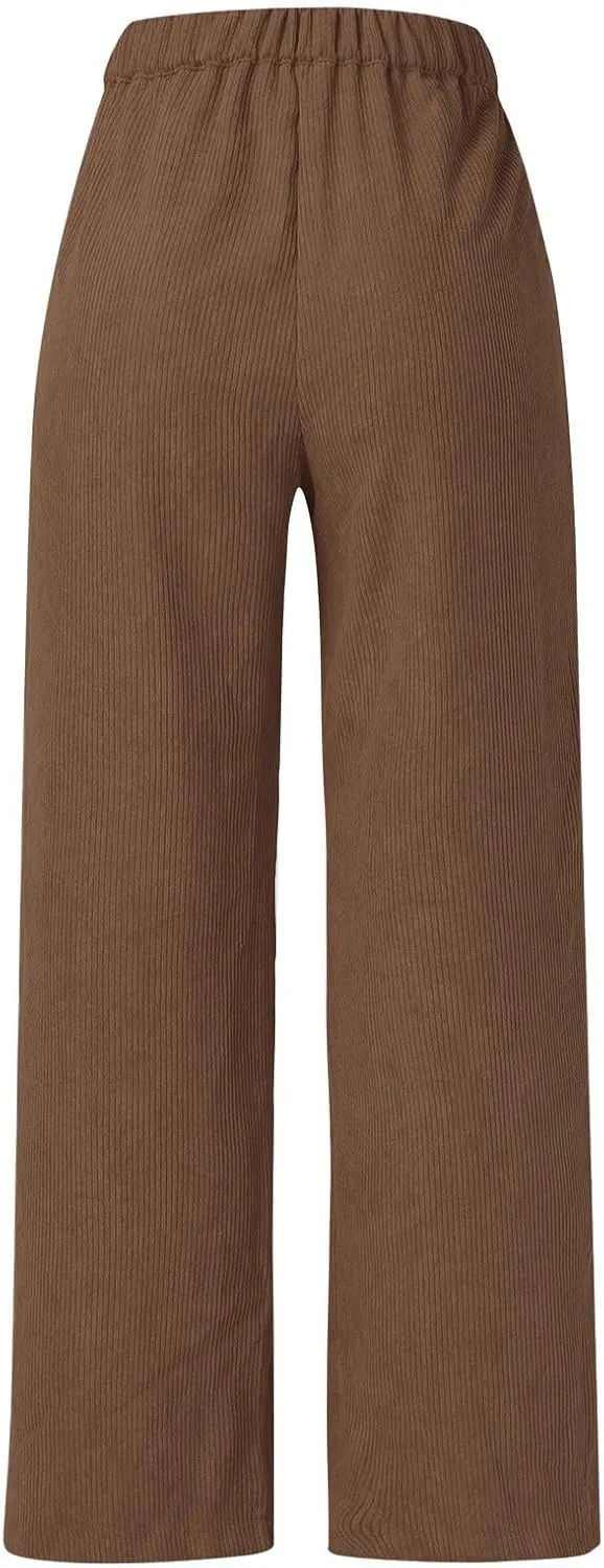 Women's Corduroy Straight Leg Pants Casual High Waist Trousers Solid Loose Fit Soft Classic Sweatspant with Pockets