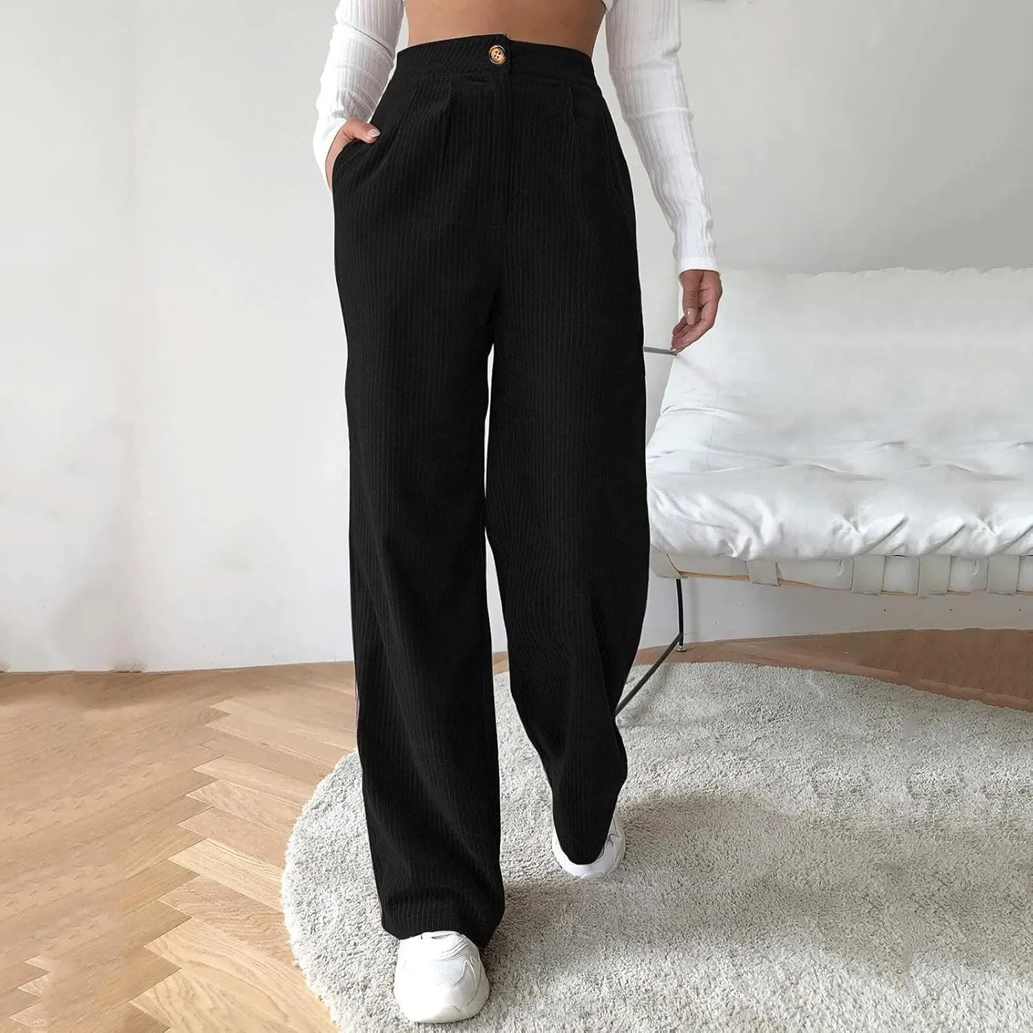 Women's Corduroy Straight Leg Pants Casual High Waist Trousers Solid Loose Fit Soft Classic Sweatspant with Pockets