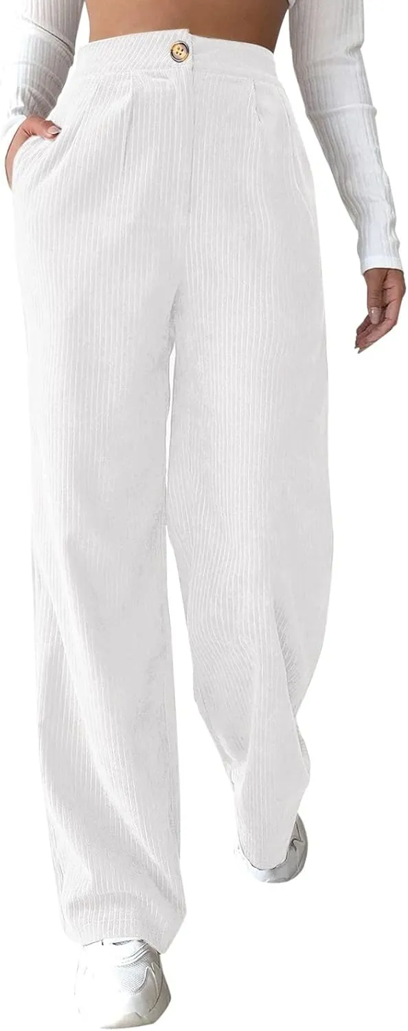 Women's Corduroy Straight Leg Pants Casual High Waist Trousers Solid Loose Fit Soft Classic Sweatspant with Pockets