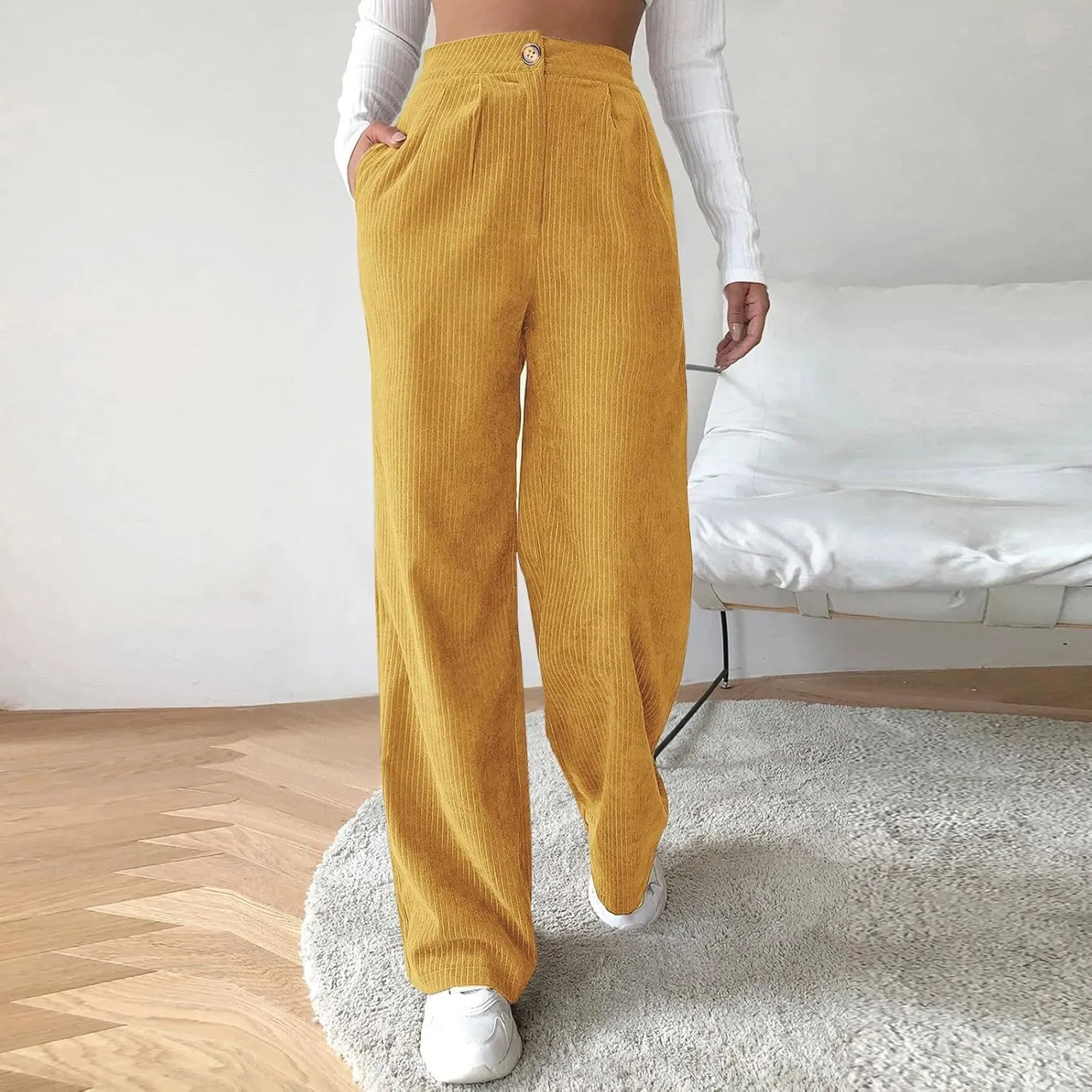 Women's Corduroy Straight Leg Pants Casual High Waist Trousers Solid Loose Fit Soft Classic Sweatspant with Pockets