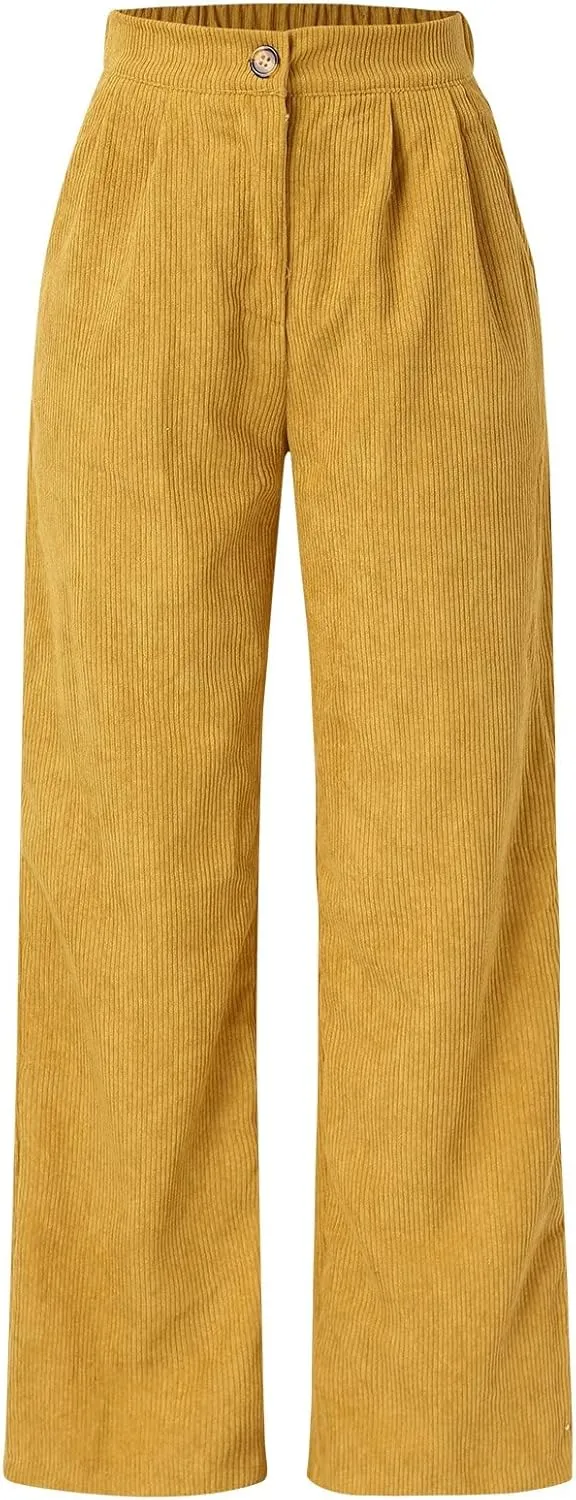 Women's Corduroy Straight Leg Pants Casual High Waist Trousers Solid Loose Fit Soft Classic Sweatspant with Pockets