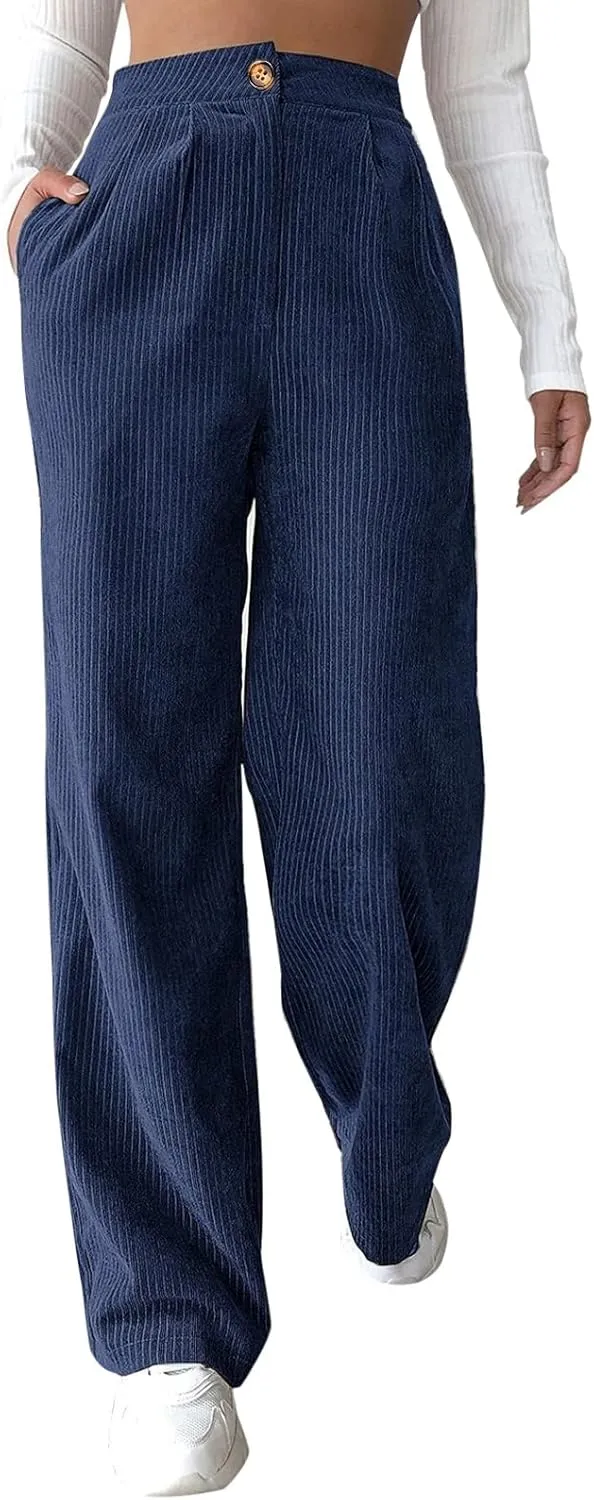 Women's Corduroy Straight Leg Pants Casual High Waist Trousers Solid Loose Fit Soft Classic Sweatspant with Pockets
