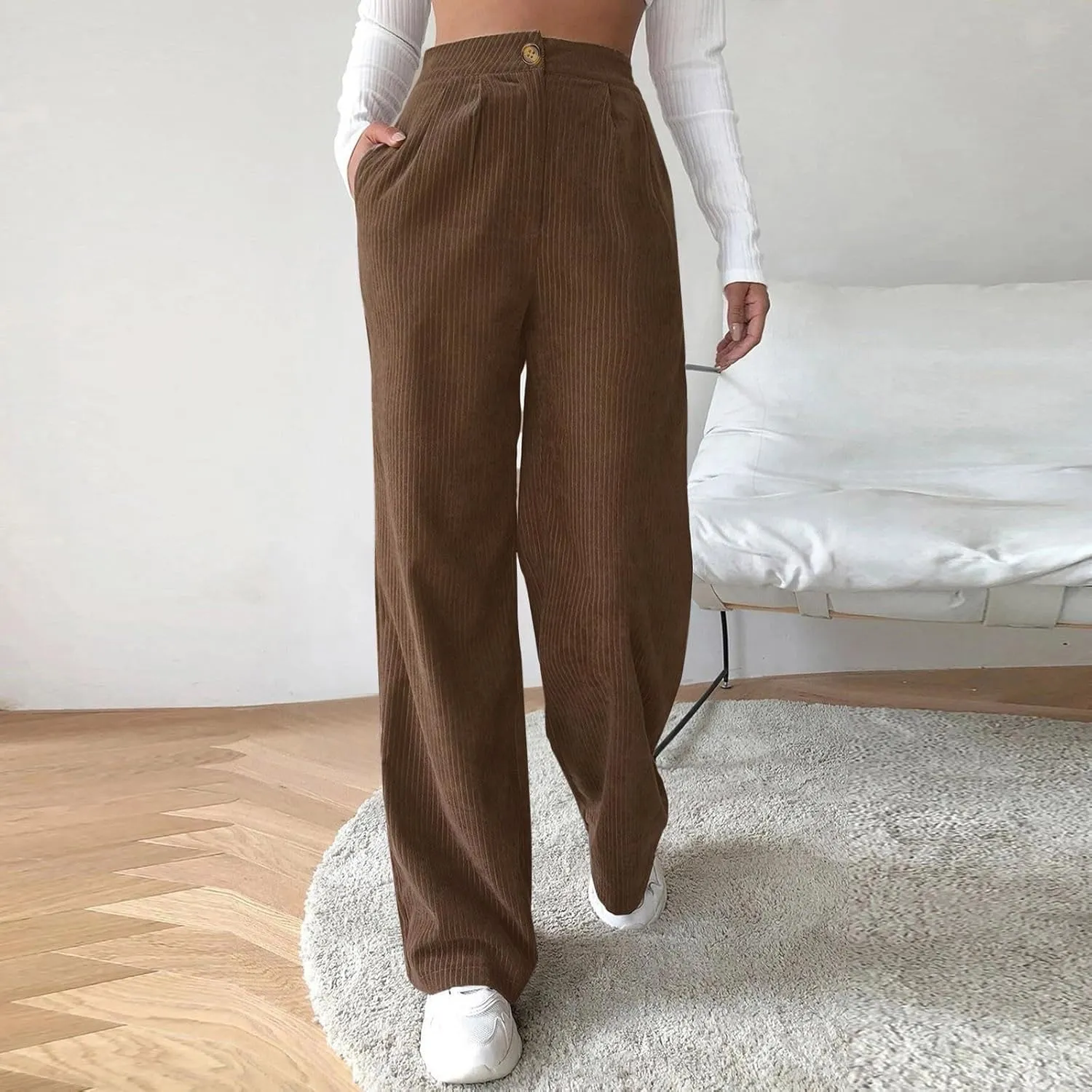 Women's Corduroy Straight Leg Pants Casual High Waist Trousers Solid Loose Fit Soft Classic Sweatspant with Pockets