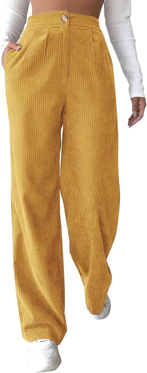 Women's Corduroy Straight Leg Pants Casual High Waist Trousers Solid Loose Fit Soft Classic Sweatspant with Pockets
