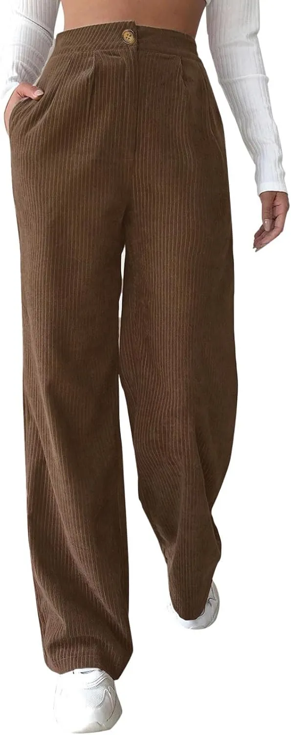 Women's Corduroy Straight Leg Pants Casual High Waist Trousers Solid Loose Fit Soft Classic Sweatspant with Pockets
