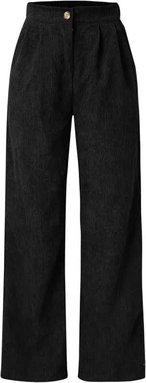 Women's Corduroy Straight Leg Pants Casual High Waist Trousers Solid Loose Fit Soft Classic Sweatspant with Pockets