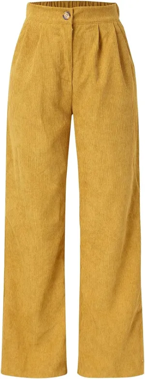Women's Corduroy Straight Leg Pants Casual High Waist Trousers Solid Loose Fit Soft Classic Sweatspant with Pockets