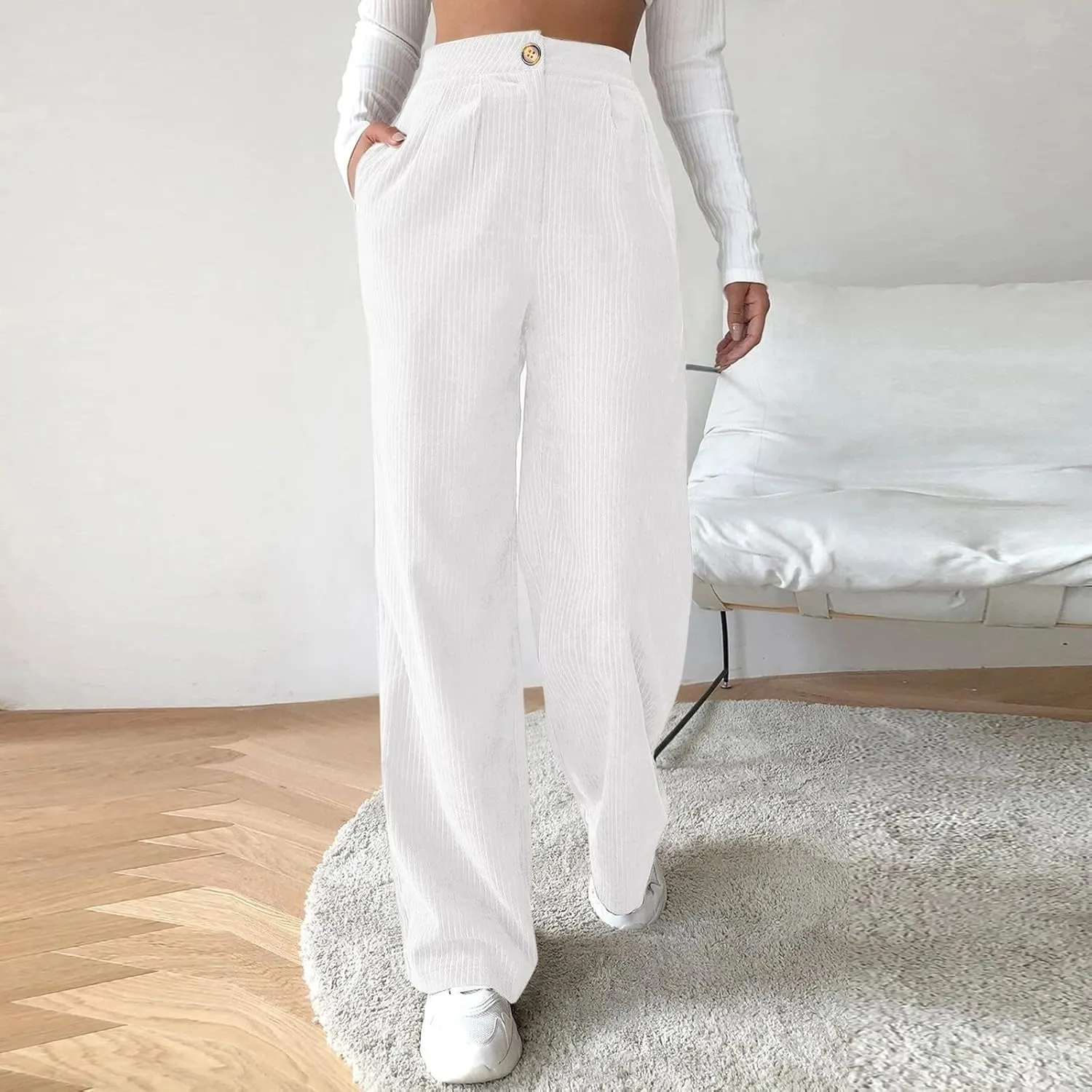 Women's Corduroy Straight Leg Pants Casual High Waist Trousers Solid Loose Fit Soft Classic Sweatspant with Pockets