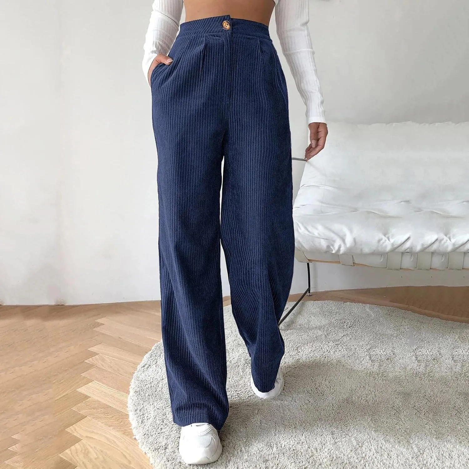 Women's Corduroy Straight Leg Pants Casual High Waist Trousers Solid Loose Fit Soft Classic Sweatspant with Pockets