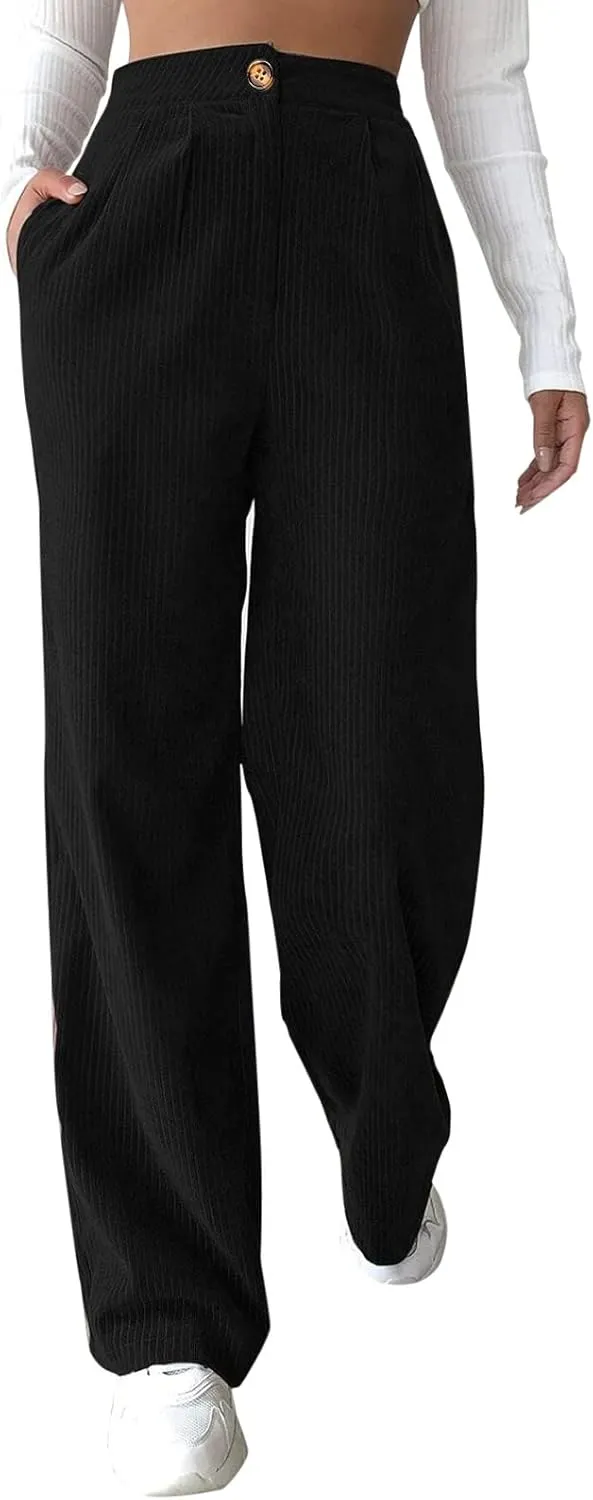 Women's Corduroy Straight Leg Pants Casual High Waist Trousers Solid Loose Fit Soft Classic Sweatspant with Pockets