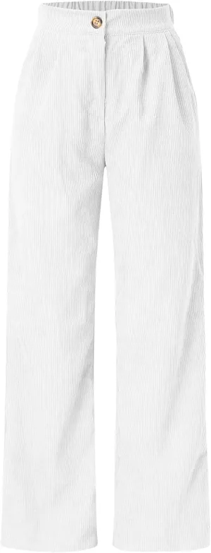 Women's Corduroy Straight Leg Pants Casual High Waist Trousers Solid Loose Fit Soft Classic Sweatspant with Pockets