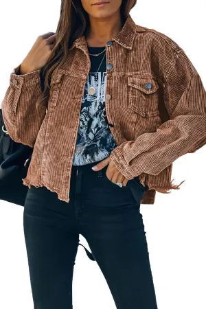 Womens Cropped Corduroy Jacket Casual Button Down Shacket Coat Fringe with Frayed Hem