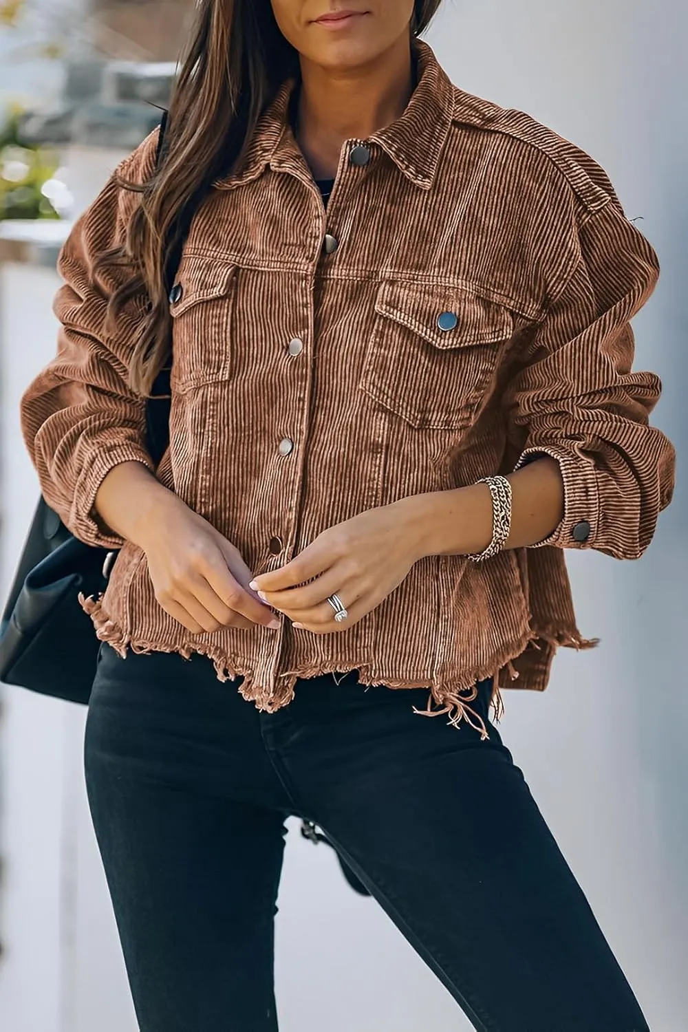 Womens Cropped Corduroy Jacket Casual Button Down Shacket Coat Fringe with Frayed Hem