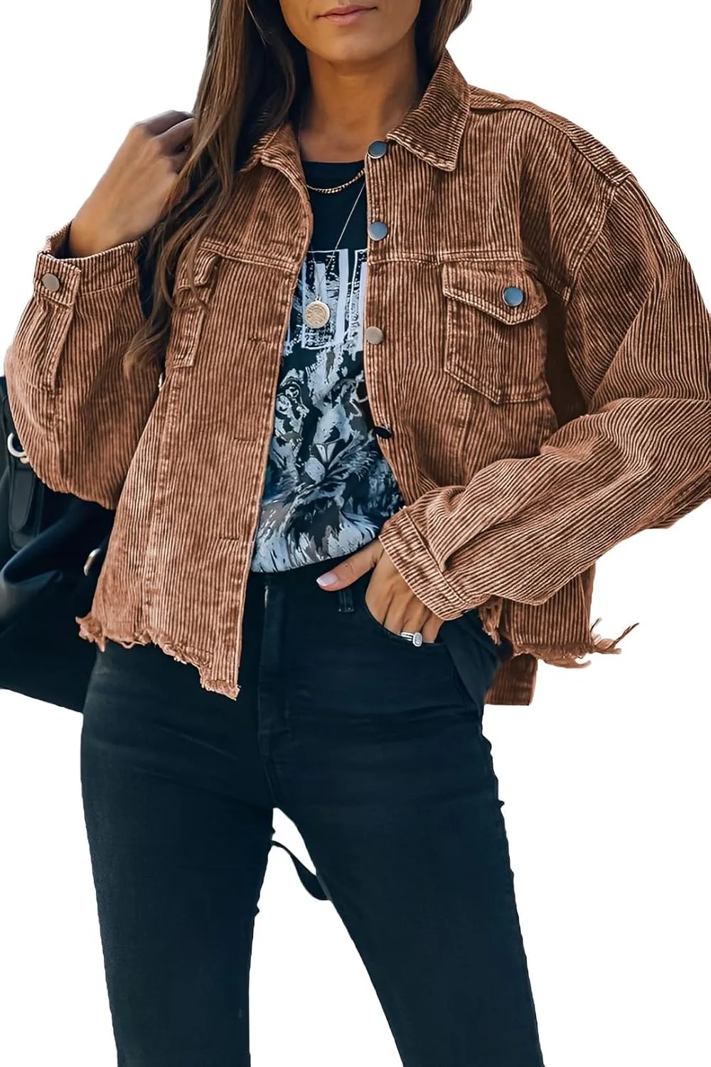 Womens Cropped Corduroy Jacket Casual Button Down Shacket Coat Fringe with Frayed Hem