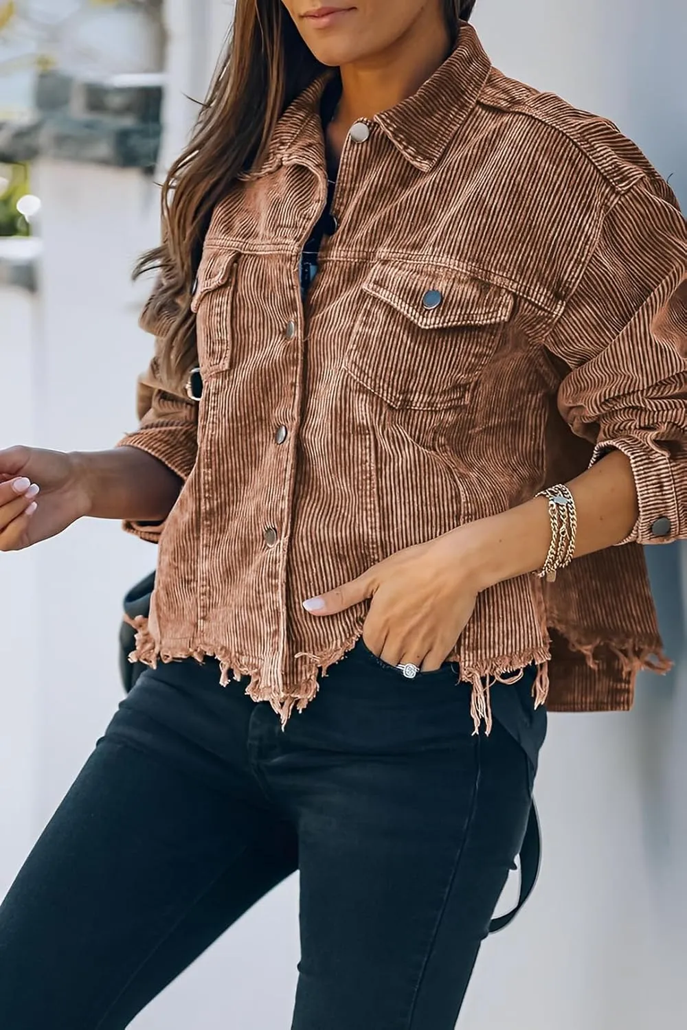 Womens Cropped Corduroy Jacket Casual Button Down Shacket Coat Fringe with Frayed Hem