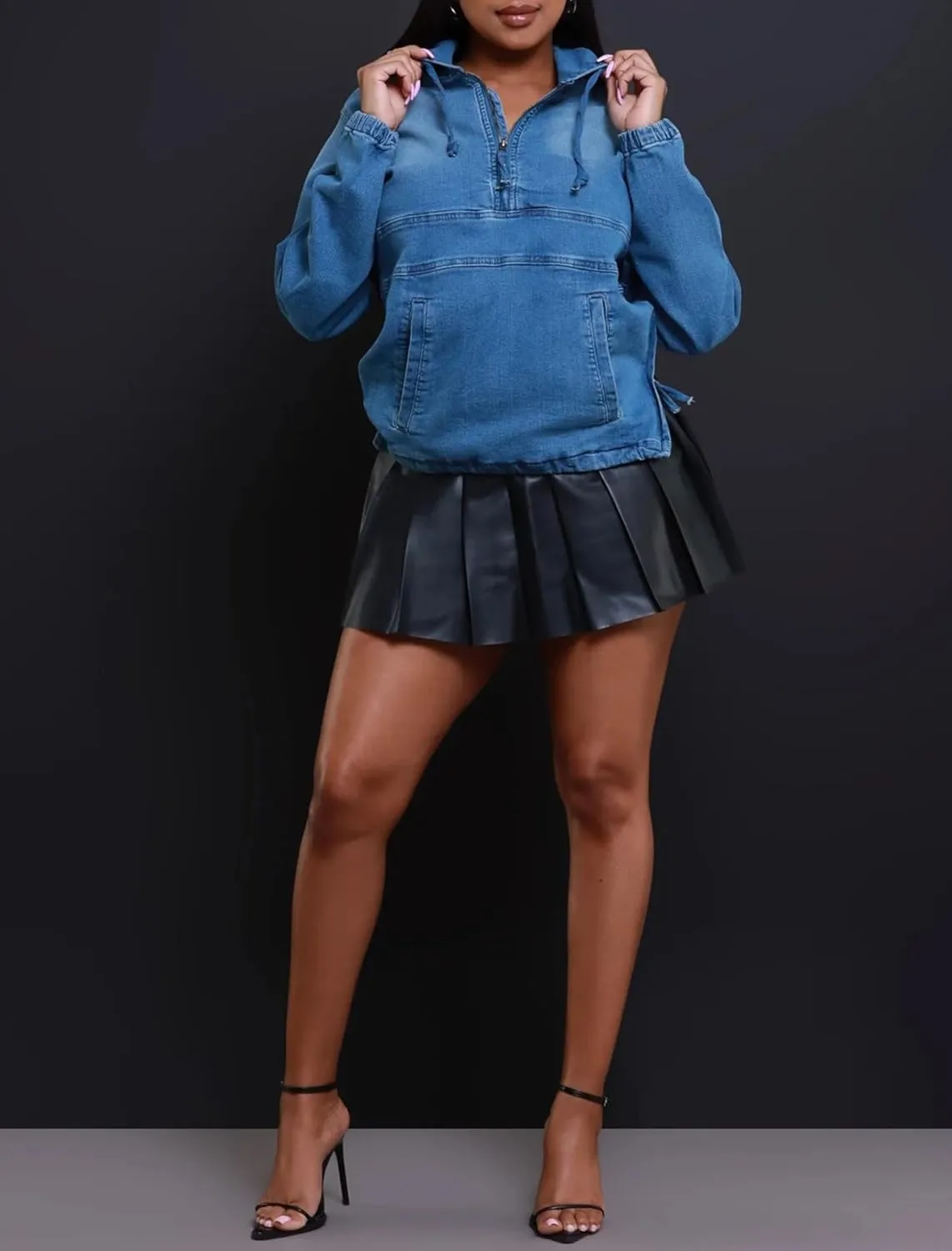 Women's Denim Hoodie Pullover Half Zip Up Jean Jacket Sweatshirt Top with Pocket Fall Tops Outerwear