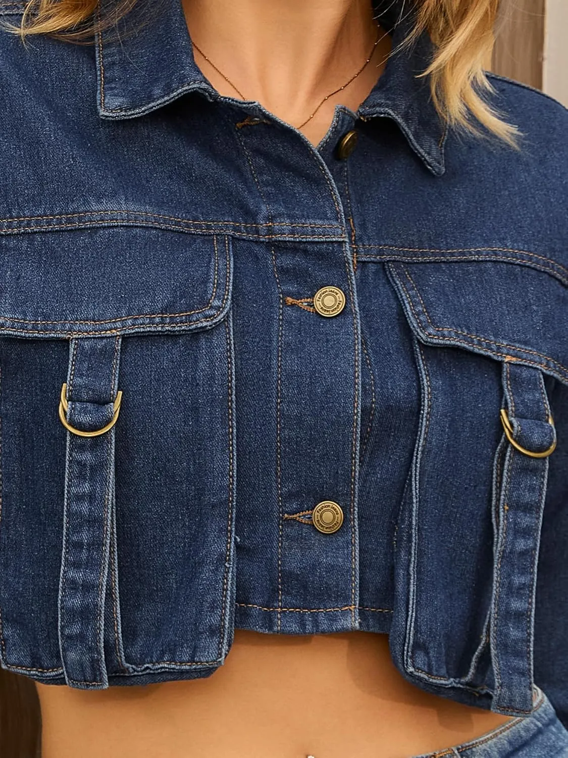 Women's Denim Jacket Button Down Long Sleeve Cargo Pockets Washed Jean Jackets