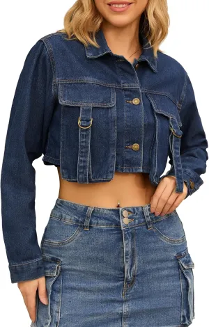 Women's Denim Jacket Button Down Long Sleeve Cargo Pockets Washed Jean Jackets
