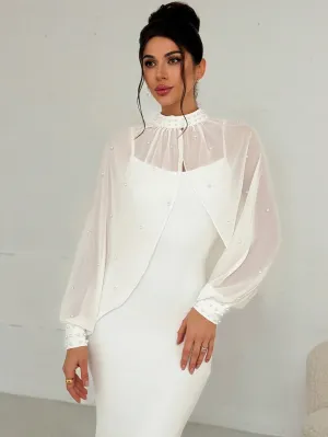Women's Elegant Minimalist Exquisite Romantic Charming Pearl Mesh Long Sleeve Top And Strappy Form-Fitting Fishtail Dress 2-Piece Set, White