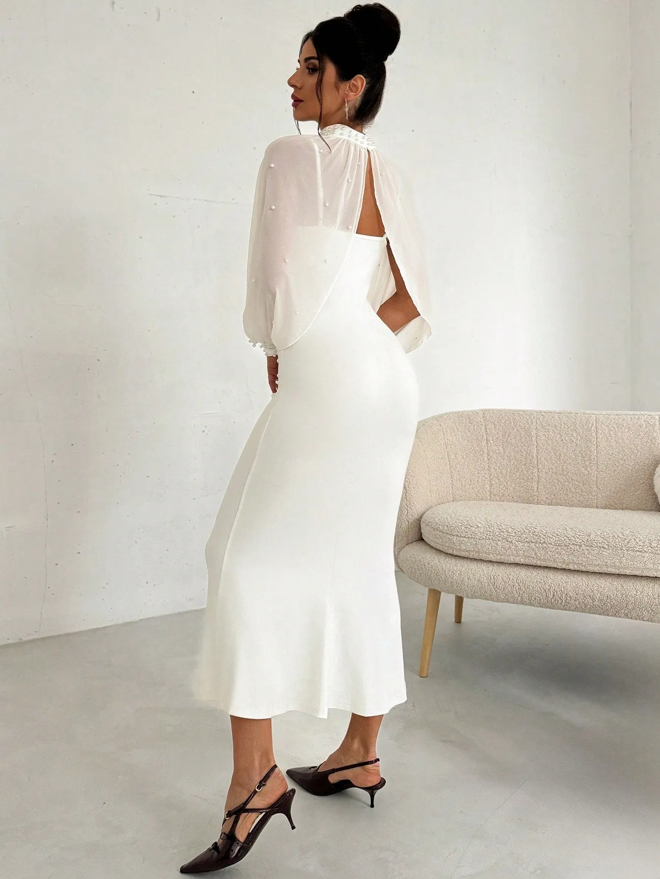 Women's Elegant Minimalist Exquisite Romantic Charming Pearl Mesh Long Sleeve Top And Strappy Form-Fitting Fishtail Dress 2-Piece Set, White